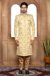 Buy_Aryavir Malhotra_Beige Sherwani Art Silk Embroidery Resham Floral Blossom With Churidar _Online_at_Aza_Fashions