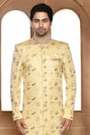 Shop_Aryavir Malhotra_Beige Sherwani Art Silk Embroidery Resham Floral Blossom With Churidar _Online_at_Aza_Fashions