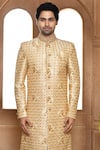 Shop_Aryavir Malhotra_Beige Sherwani Art Silk Embroidery Resham Trellis With Churidar _Online_at_Aza_Fashions