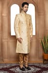 Aryavir Malhotra_Beige Sherwani Art Silk Embroidery Resham Trellis With Churidar _at_Aza_Fashions