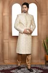 Buy_Aryavir Malhotra_Beige Sherwani Art Silk Embroidery Resham Geometric With Churidar _at_Aza_Fashions