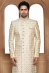 Buy_Aryavir Malhotra_Beige Sherwani Art Silk Embroidery Resham Geometric With Churidar _Online_at_Aza_Fashions