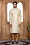 Shop_Aryavir Malhotra_Beige Sherwani Art Silk Embroidery Resham Geometric With Churidar _Online_at_Aza_Fashions