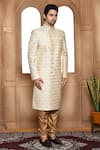 Aryavir Malhotra_Beige Sherwani Art Silk Embroidery Resham Geometric With Churidar _at_Aza_Fashions