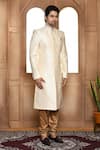 Aryavir Malhotra_Cream Sherwani Art Silk Woven Mandala Resham Square Pattern With Churidar _at_Aza_Fashions