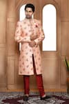 Buy_Aryavir Malhotra_Peach Sherwani Art Silk Embroidery Resham Flower With Churidar _at_Aza_Fashions