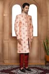 Aryavir Malhotra_Peach Sherwani Art Silk Embroidery Resham Flower With Churidar _at_Aza_Fashions