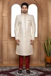 Buy_Aryavir Malhotra_Off White Sherwani Art Silk Embroidery Resham Work Straight With Churidar _Online_at_Aza_Fashions