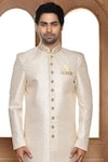 Shop_Aryavir Malhotra_Off White Sherwani Art Silk Embroidery Resham Work Straight With Churidar _Online_at_Aza_Fashions