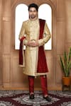 Buy_Aryavir Malhotra_Beige Sherwani Art Silk Embroidery Resham Flower Churidar Set _at_Aza_Fashions