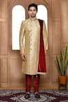 Buy_Aryavir Malhotra_Beige Sherwani Art Silk Embroidery Resham Flower Churidar Set _Online_at_Aza_Fashions