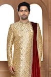 Shop_Aryavir Malhotra_Beige Sherwani Art Silk Embroidery Resham Flower Churidar Set _Online_at_Aza_Fashions