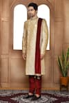 Aryavir Malhotra_Beige Sherwani Art Silk Embroidery Resham Flower Churidar Set _at_Aza_Fashions