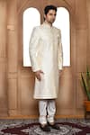 Aryavir Malhotra_Off White Sherwani Art Silk Embroidery Resham Tonal With Churidar _at_Aza_Fashions