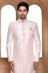 Shop_Aryavir Malhotra_Pink Sherwani Art Silk Woven Mandala Square Pattern Straight With Churidar_Online_at_Aza_Fashions