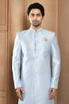 Buy_Aryavir Malhotra_Blue Sherwani Art Silk Woven Floral Resham Butti Pattern With Churidar _Online_at_Aza_Fashions