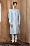 Aryavir Malhotra_Blue Sherwani Art Silk Woven Floral Resham Butti Pattern With Churidar _at_Aza_Fashions