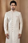 Shop_Aryavir Malhotra_Off White Sherwani Art Silk Embroidery Resham Jaal With Churidar _Online_at_Aza_Fashions