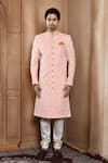 Buy_Aryavir Malhotra_Peach Sherwani Art Silk Embroidery Resham Floral Jaal With Churidar _Online_at_Aza_Fashions