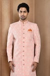 Shop_Aryavir Malhotra_Peach Sherwani Art Silk Embroidery Resham Floral Jaal With Churidar _Online_at_Aza_Fashions