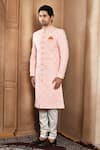 Aryavir Malhotra_Peach Sherwani Art Silk Embroidery Resham Floral Jaal With Churidar _at_Aza_Fashions