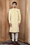 Buy_Aryavir Malhotra_Yellow Sherwani Art Silk Embroidery Resham Flower Jaal With Churidar _Online_at_Aza_Fashions