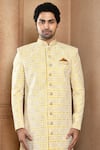 Shop_Aryavir Malhotra_Yellow Sherwani Art Silk Embroidery Resham Flower Jaal With Churidar _Online_at_Aza_Fashions