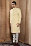 Aryavir Malhotra_Yellow Sherwani Art Silk Embroidery Resham Flower Jaal With Churidar _at_Aza_Fashions