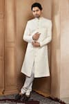 Buy_Aryavir Malhotra_Off White Sherwani Art Silk Embroidery Resham Flower Bloom With Churidar _at_Aza_Fashions