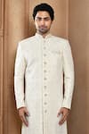 Buy_Aryavir Malhotra_Off White Sherwani Art Silk Embroidery Resham Flower Bloom With Churidar _Online_at_Aza_Fashions