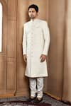 Buy_Aryavir Malhotra_Off White Sherwani Art Silk Embroidery Resham Flower Bloom With Churidar 