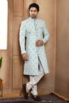 Buy_Aryavir Malhotra_Blue Sherwani Art Silk Embroidery Resham Floral Butti With Churidar _at_Aza_Fashions