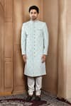 Buy_Aryavir Malhotra_Blue Sherwani Art Silk Embroidery Resham Floral Butti With Churidar _Online_at_Aza_Fashions