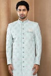 Shop_Aryavir Malhotra_Blue Sherwani Art Silk Embroidery Resham Floral Butti With Churidar _Online_at_Aza_Fashions