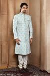 Aryavir Malhotra_Blue Sherwani Art Silk Embroidery Resham Floral Butti With Churidar _at_Aza_Fashions