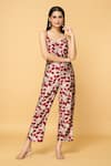 Buy_Naintara Bajaj_Beige Poly Chinon Printed Floral V Neck And Foil Jumpsuit_Online_at_Aza_Fashions