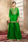 Preeti S Kapoor x AZA_Green Kurta And Sharara Dupion Embroidered Floral Notched Gota Set _at_Aza_Fashions