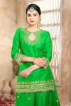 Shop_Preeti S Kapoor x AZA_Green Kurta And Sharara Dupion Embroidered Floral Keyhole Gota Set _Online_at_Aza_Fashions