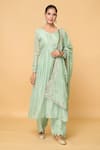 Shop_Adara Khan_Green Tebby Silk Solid Leaf Neck Gathered Anarkali Palazzo Set_Online_at_Aza_Fashions