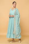 Samyukta Singhania_Blue Cotton, Faux Leather Phool Bloom Embroidered Tiered Anarkali With Dupatta _at_Aza_Fashions