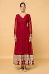 Samyukta Singhania_Maroon Faux Georgette Lining Cotton Embroidery Florin Anarkali With Dupatta _at_Aza_Fashions