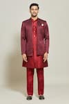 Buy_Aryavir Malhotra_Maroon Jacket Jacquard Woven Geometric Floral Pattern Pant Set _Online_at_Aza_Fashions