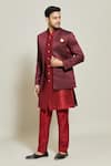 Shop_Aryavir Malhotra_Maroon Jacket Jacquard Woven Geometric Floral Pattern Pant Set _Online_at_Aza_Fashions