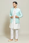 Shop_Aryavir Malhotra_Blue Jacket Jacquard Woven Floral Stripe Pant Set _Online_at_Aza_Fashions