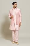 Buy_Aryavir Malhotra_Pink Jacket Jacquard Woven Floral Stripe Pattern Kurta Set_at_Aza_Fashions