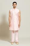 Aryavir Malhotra_Pink Jacket Jacquard Woven Floral Stripe Pattern Kurta Set_Online_at_Aza_Fashions