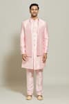 Shop_Aryavir Malhotra_Pink Jacket Jacquard Woven Floral Stripe Pattern Kurta Set_Online_at_Aza_Fashions