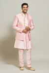 Aryavir Malhotra_Pink Jacket Jacquard Woven Floral Stripe Pattern Kurta Set_at_Aza_Fashions