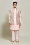 Shop_Aryavir Malhotra_Pink Jacket Jacquard Woven Floral Pattern Kurta Set_Online_at_Aza_Fashions
