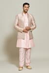 Aryavir Malhotra_Pink Jacket Jacquard Woven Floral Pattern Kurta Set_at_Aza_Fashions